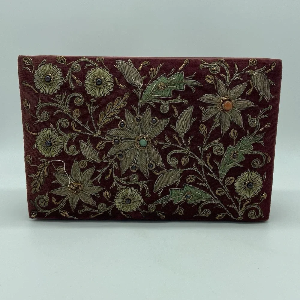 Vintage Handmade In India Red Jeweled Jewelry Box 9